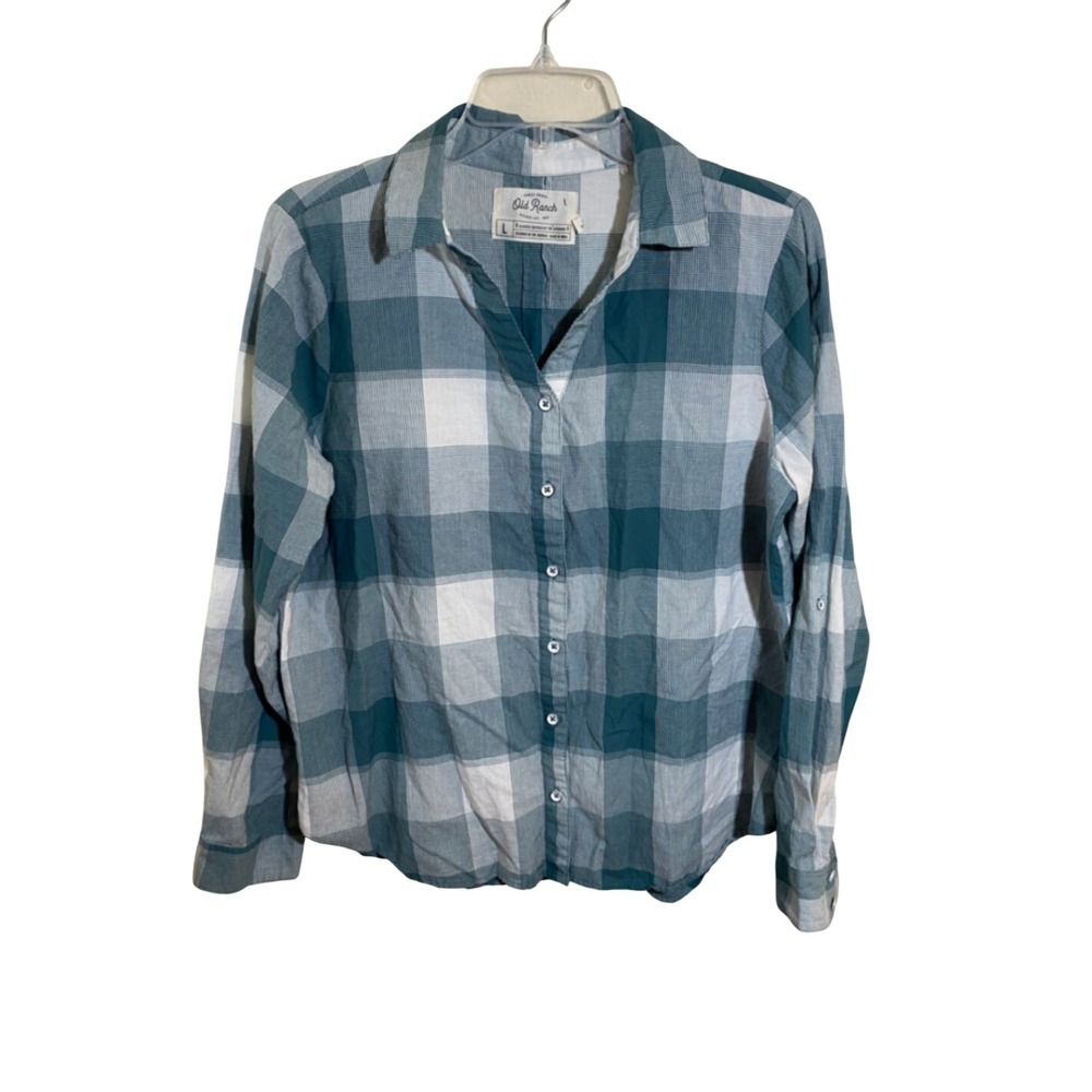 Old Ranch Brands Teal White Plaid Organic Cotton Roll Tab Button Down Shirt‎ L